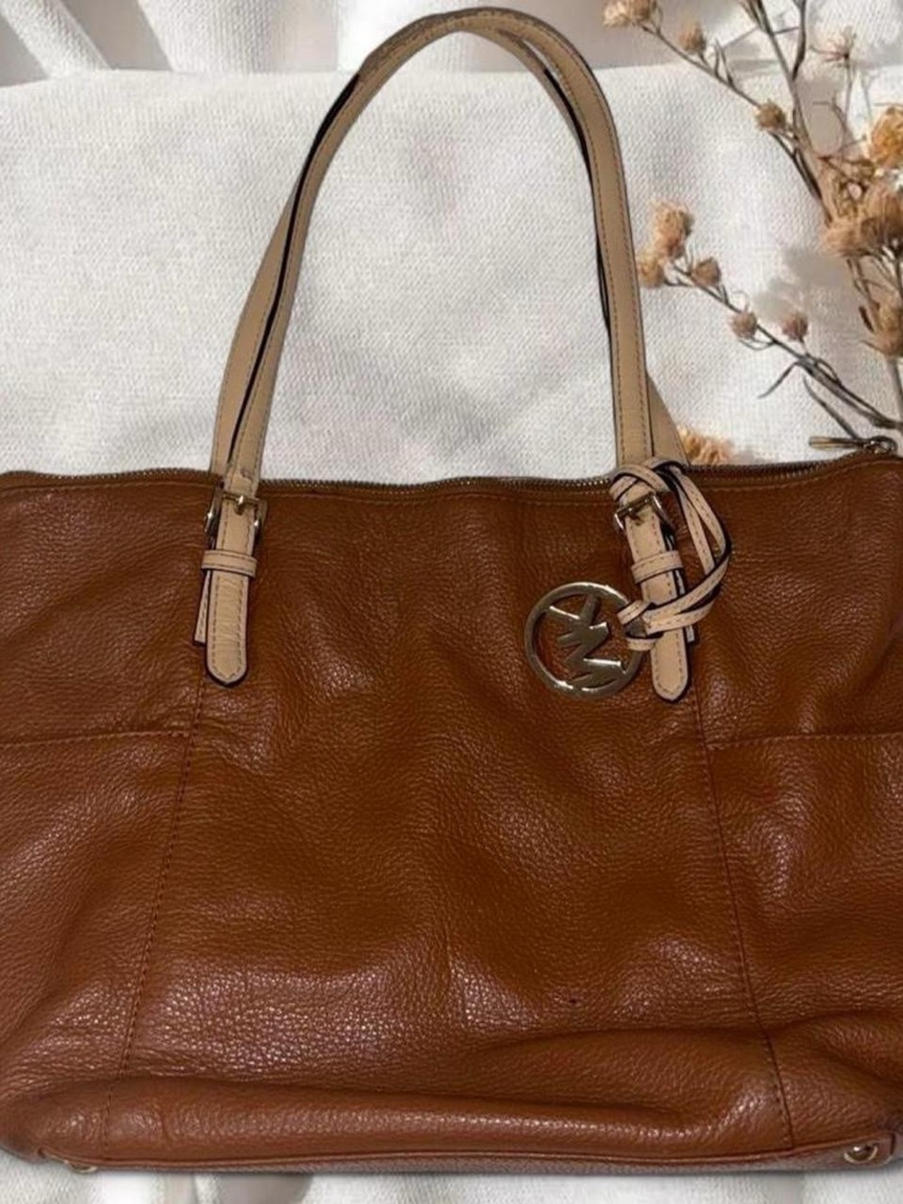 Michael Kors Bedford Large EW Leather Tote Bag Luggage Brown Gold